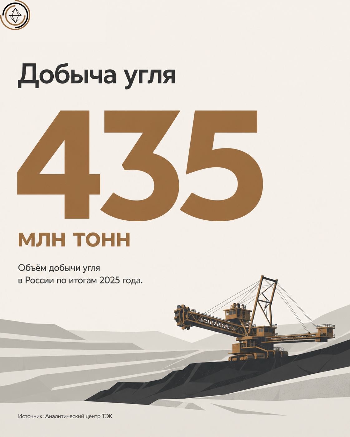 Инфографика: добыча угля в России — 435 млн тонн по итогам 2025 года, на фоне схематичного угольного разреза и карьерного экскаватора.