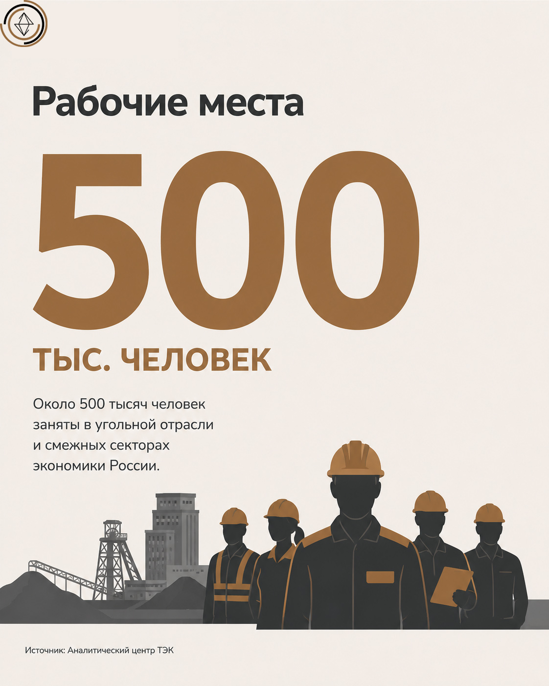 Инфографика: около 500 тысяч человек заняты в угольной отрасли и смежных секторах экономики России, с минималистичной иллюстрацией промышленного предприятия.